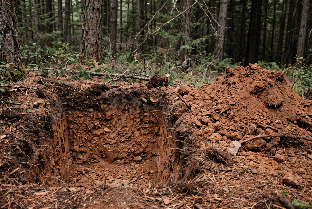 a freshly excavated soil test pit on a wooded rural property