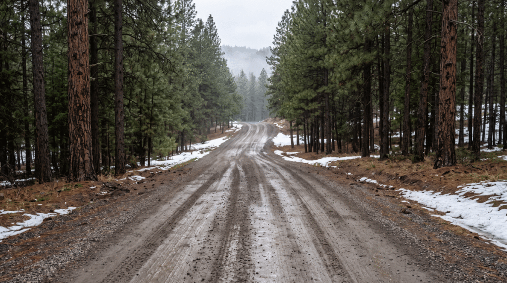 a long gravel driveway curving uphill through a dense stand of ponderosa pines on rural acreage near Spokane