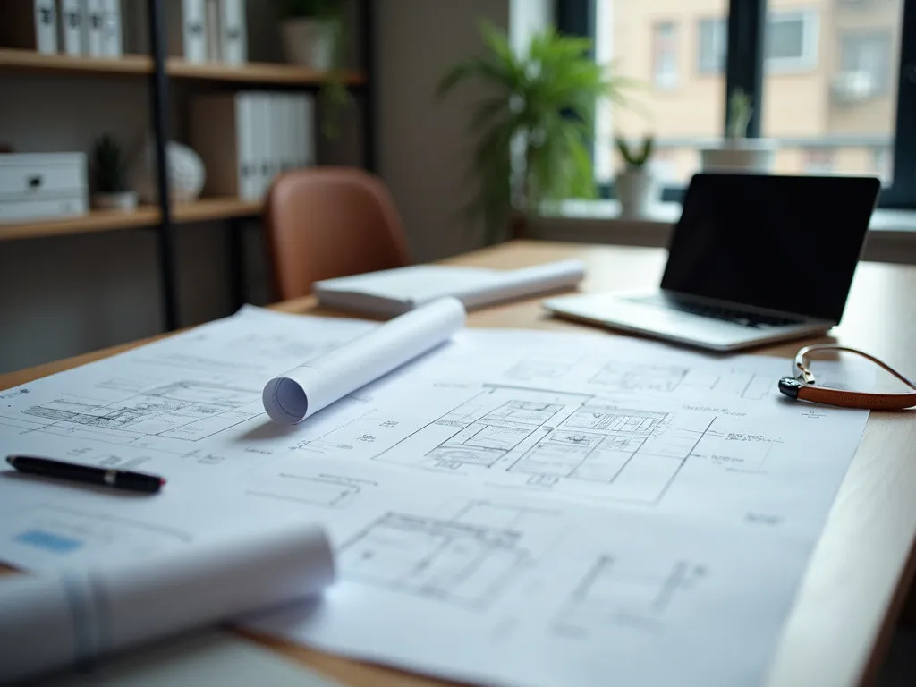 Blueprints and planning documents on a desk