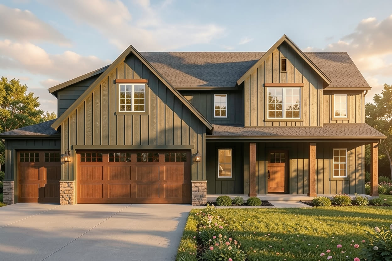 Custom home at golden hour with warm interior lighting