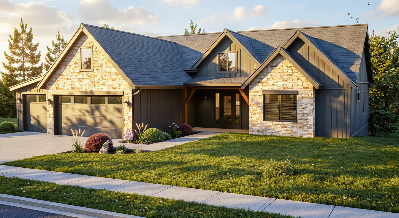 Custom home with stone columns and a covered porch on open acreage