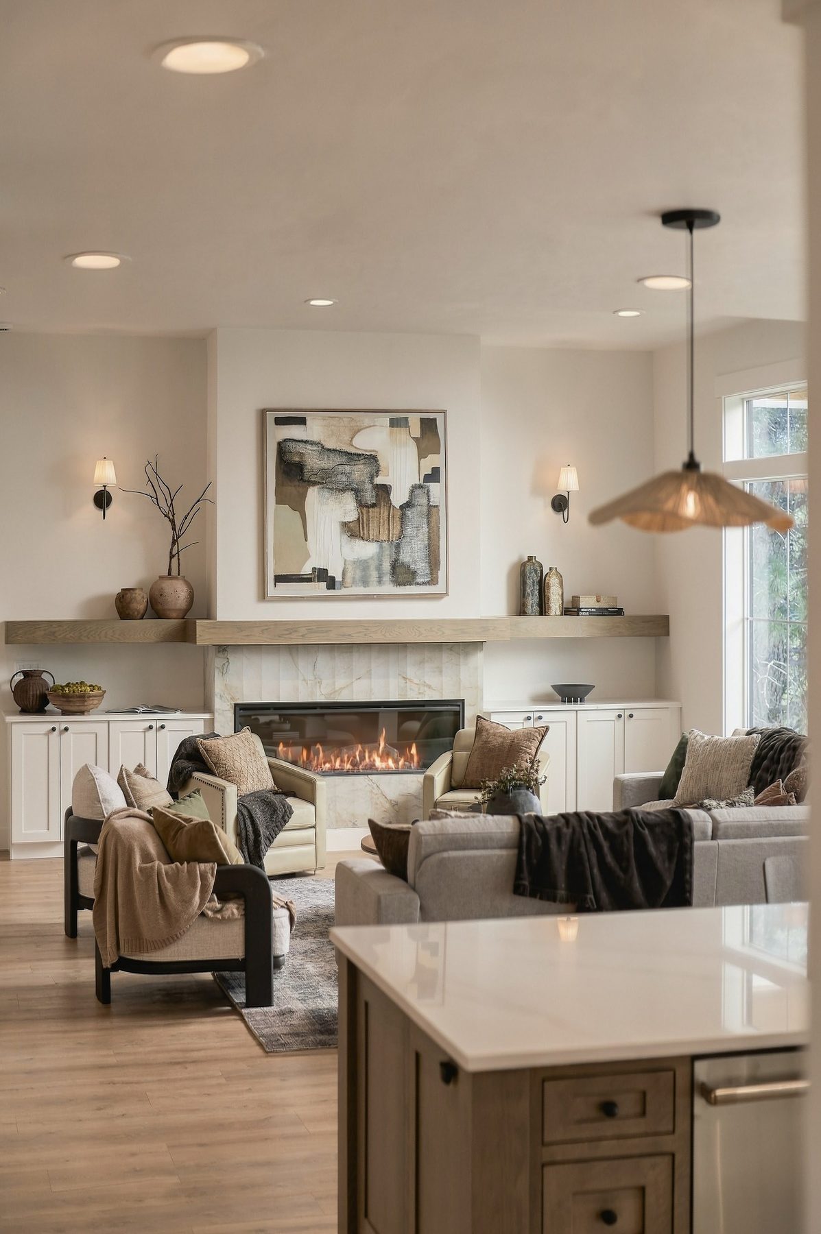 View across the kitchen island into the great room