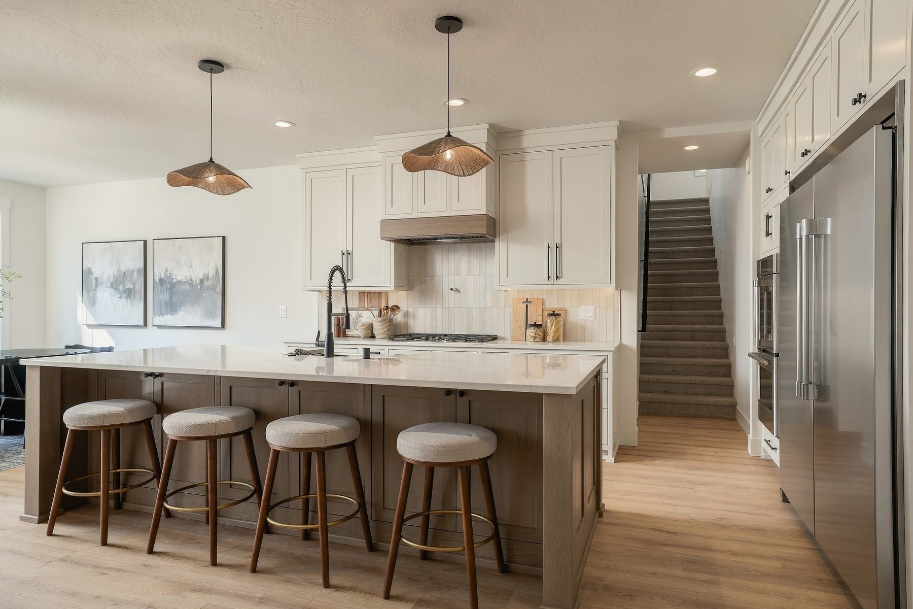 Kitchen island with counter stools and copper pendants