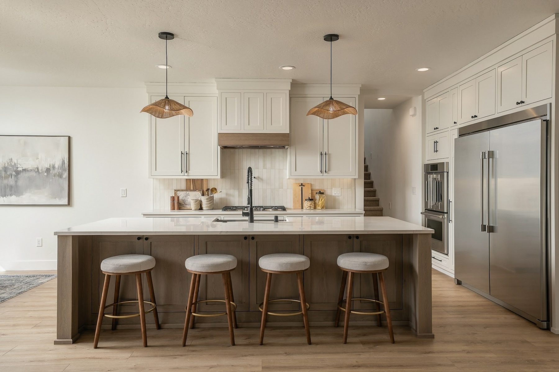Kitchen island, range wall and panelled refrigerator