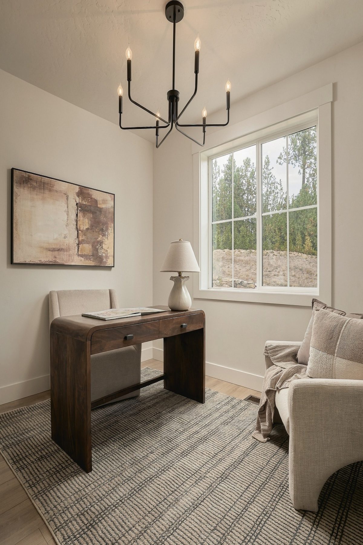 Home office with a timber desk and garden outlook
